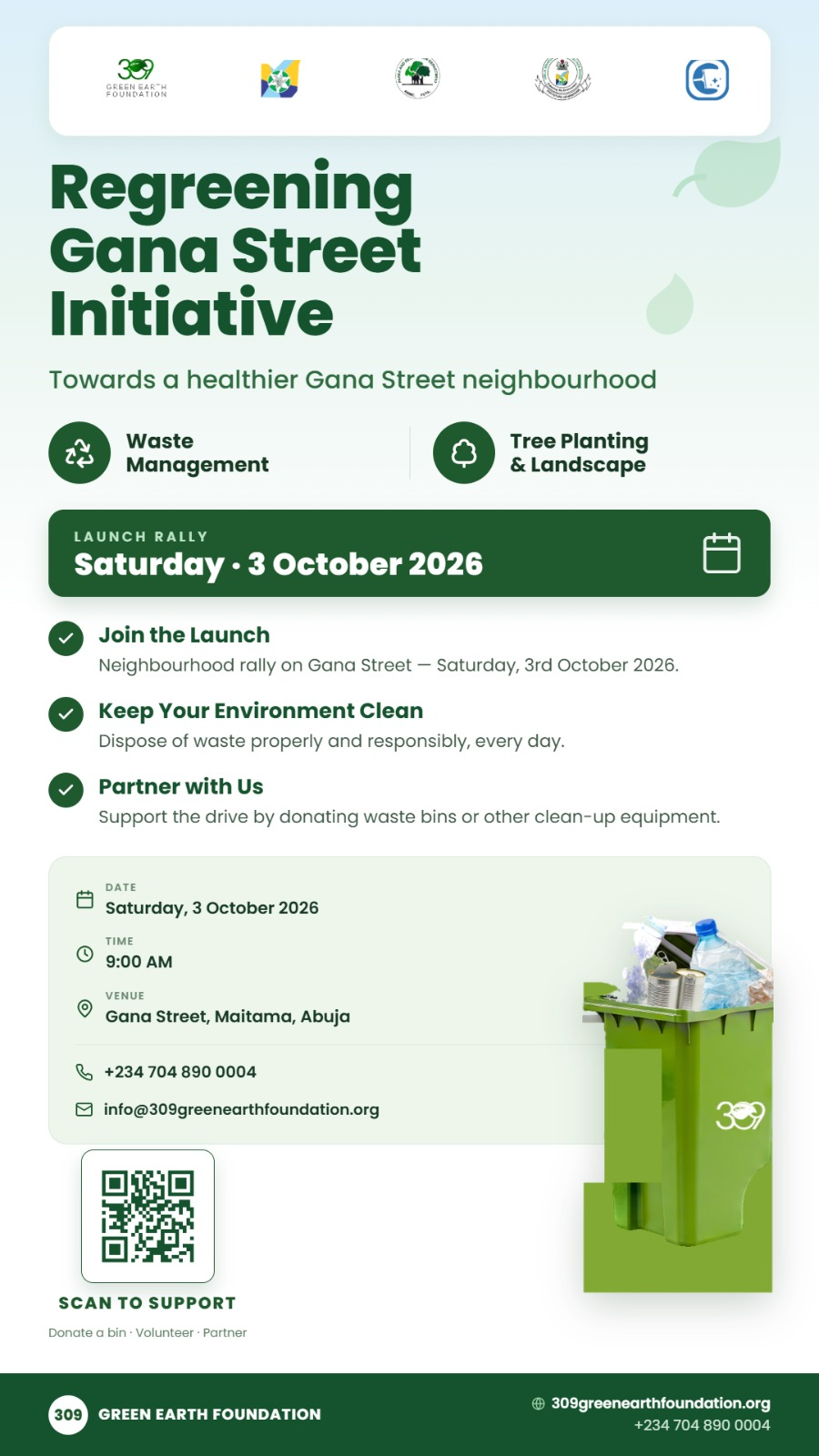 Official flyer for the Regreening Gana Street Launch Rally, 3 October 2026